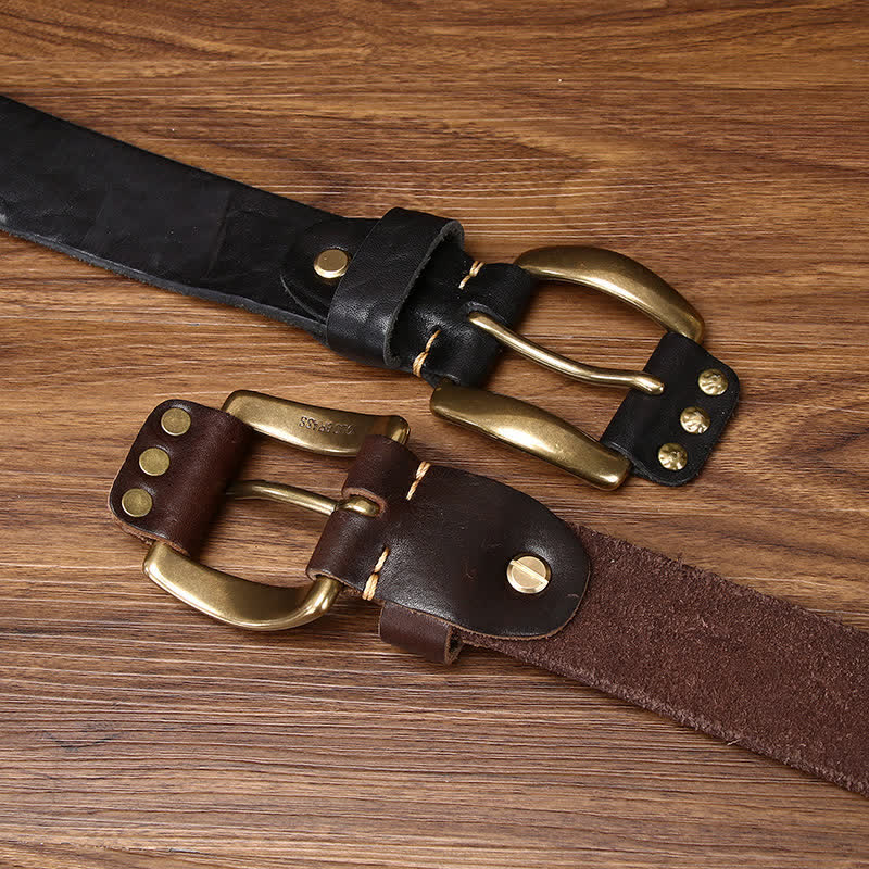 Old West Brass Rivet Distressed Studded Leather Belt - Image 3
