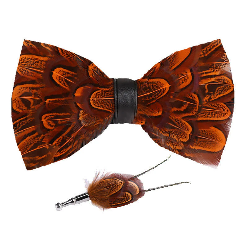 Orange & Black Peacock Feather Bow Tie with Lapel Pin - Image 3