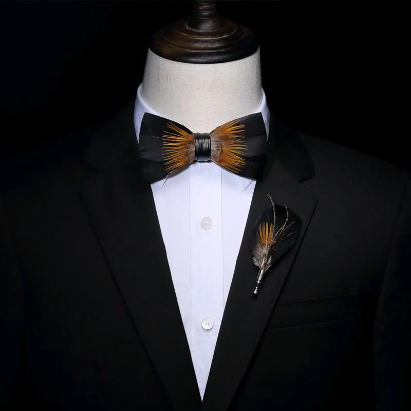 Orange & Black Sunflower Feather Bow Tie with Lapel Pin - Image 3