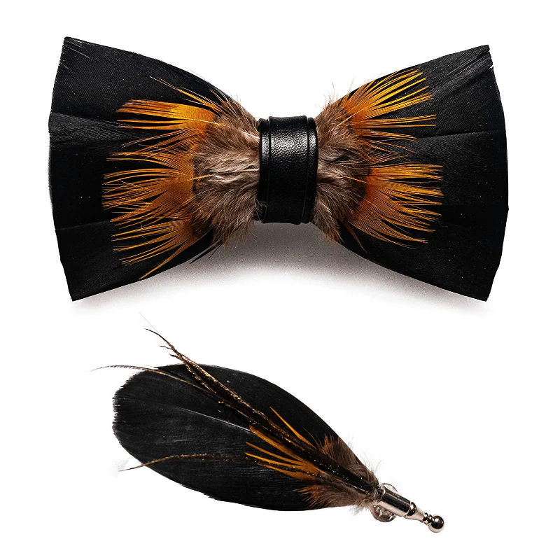 Orange & Black Sunflower Feather Bow Tie with Lapel Pin - Image 5