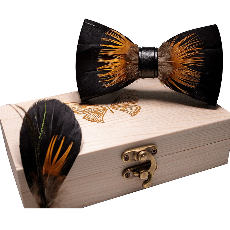 Orange & Black Sunflower Feather Bow Tie with Lapel Pin - Image 6