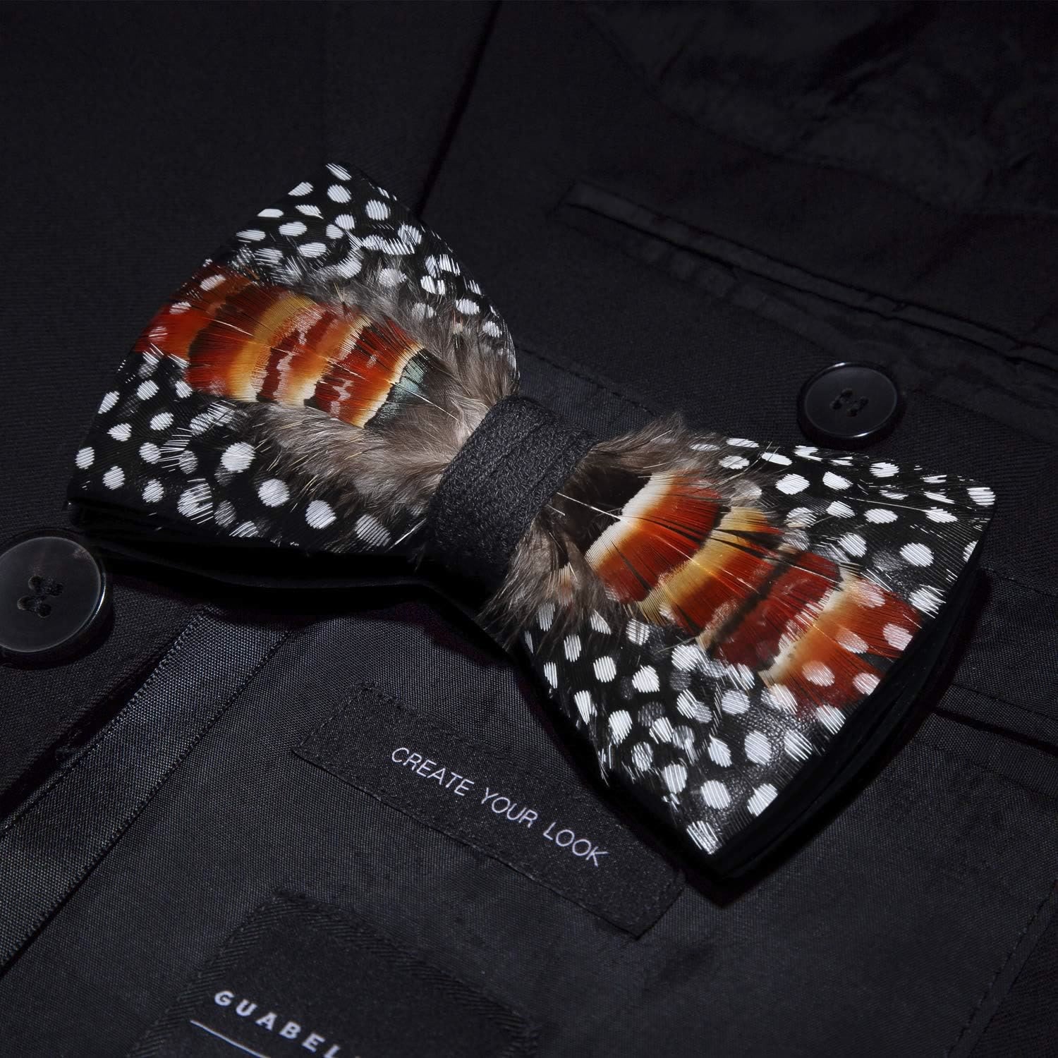 Orange & Black White Polka Feather Bow Tie with Lapel Pin - Image 2