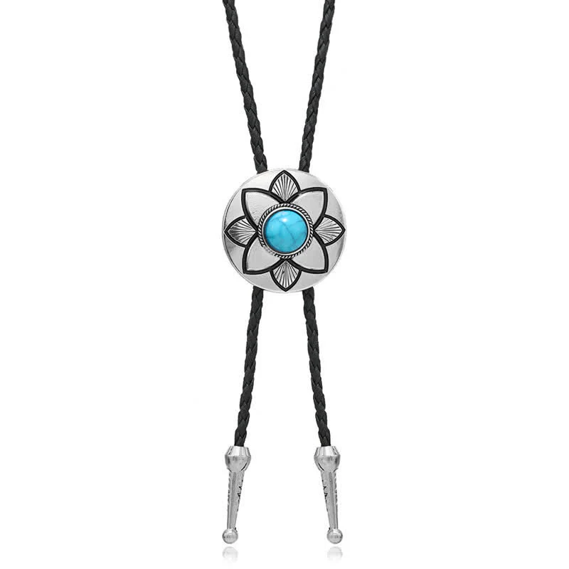 Oval Carved Petal Black Turquoise Stone Bolo Tie - Image 10