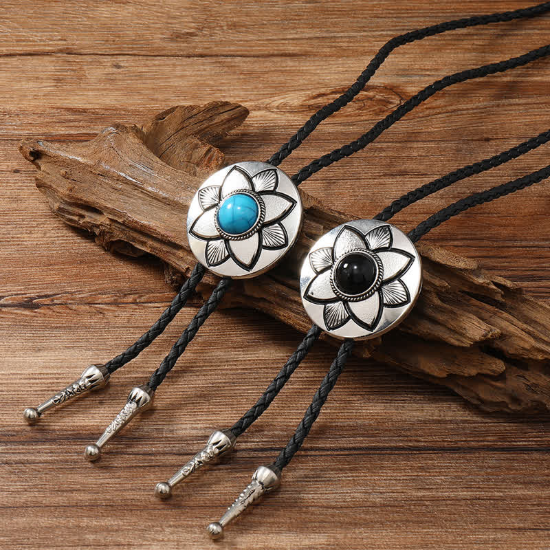 Oval Carved Petal Black Turquoise Stone Bolo Tie - Image 2