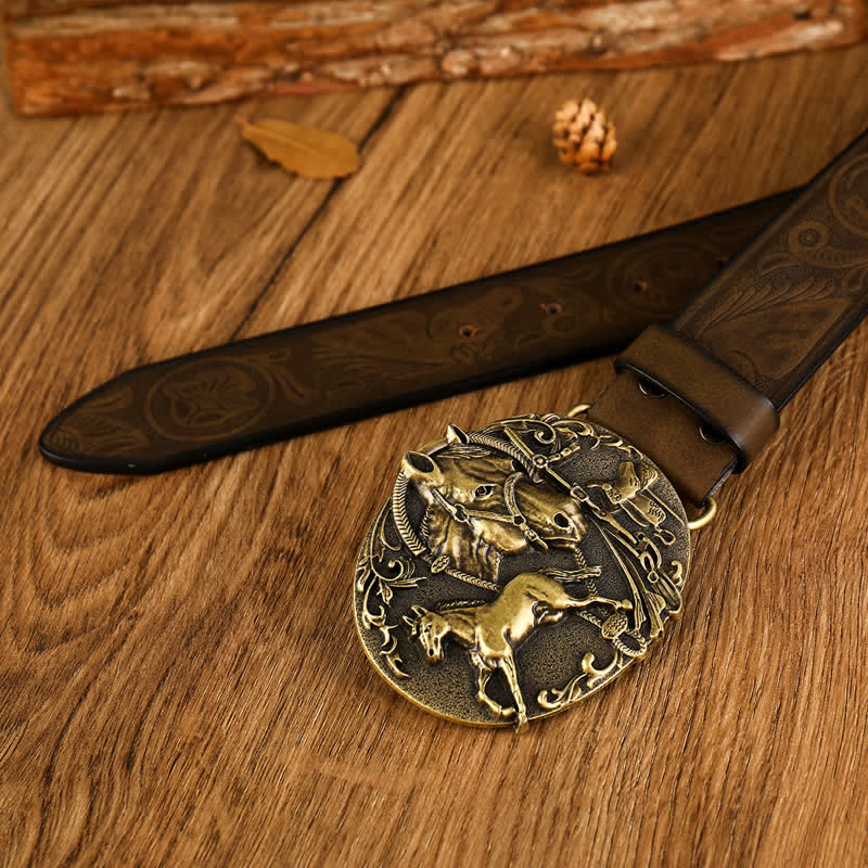 Oval Horse Head Pattern Style Leather Belt - Image 2