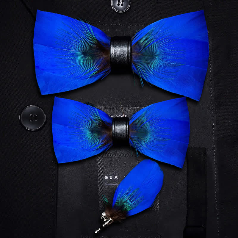 Oxford Blue Peacock Feather Bow Tie with Lapel Pin - Image 7