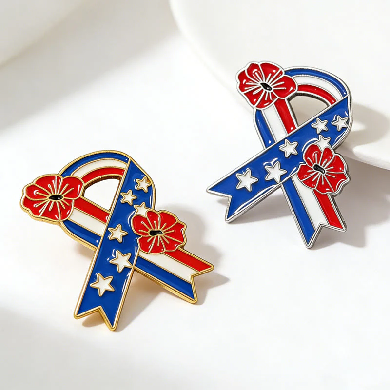 Patriotic Ribbon American Flag Poppy Enamel Brooch - Image 6