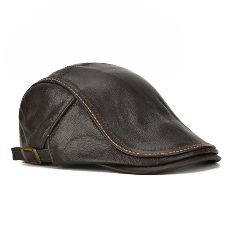 Peaked Cabbie Flat Cap Genuine Leather Beret Hat - Image 3