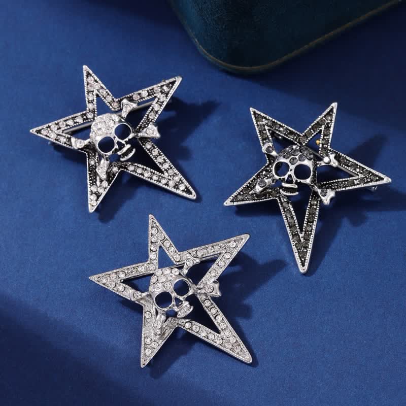 Pentagram Skull Bone Rhinestone Brooch - Image 3