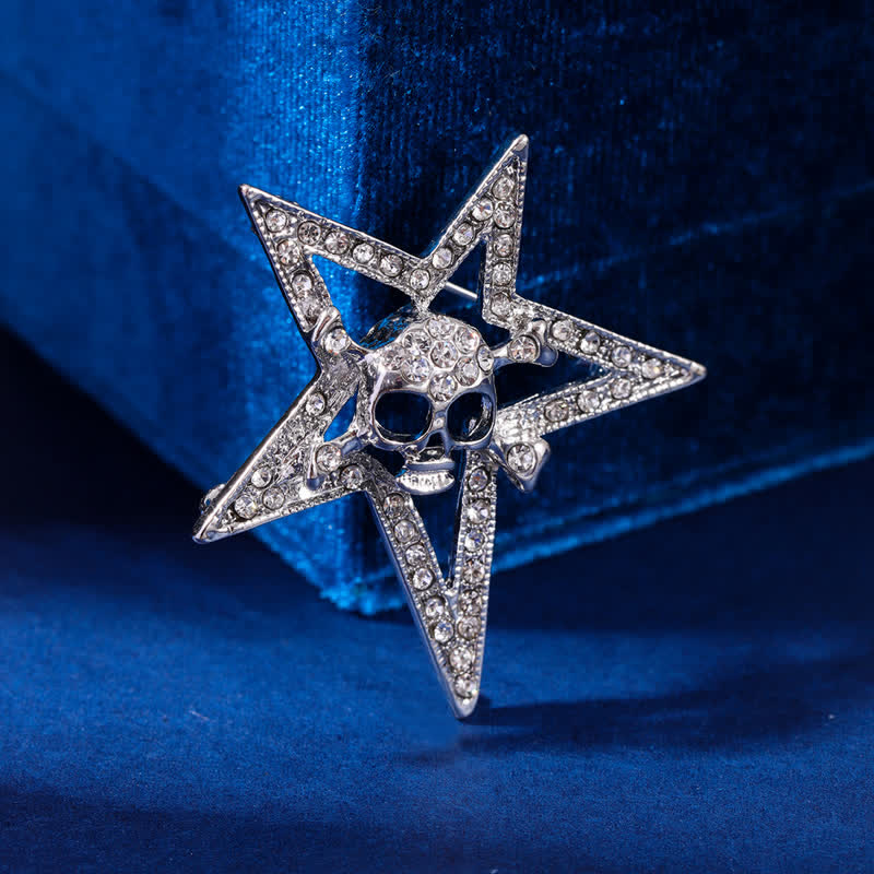 Pentagram Skull Bone Rhinestone Brooch - Image 4