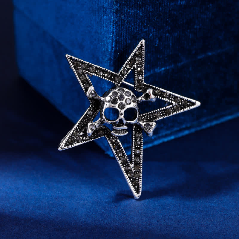 Pentagram Skull Bone Rhinestone Brooch - Image 5