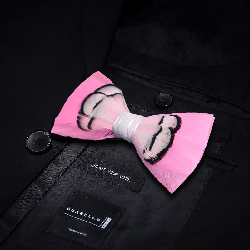 Powerfully Pink Feather Bow Tie with Lapel Pin - Image 3