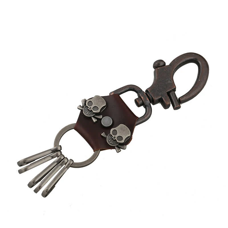 Punk Dual Skull Head Leather Keychain - Image 3