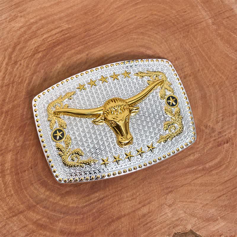 Rectangular DIY Two Tone Bull Head Large Buckle Leather Belt - Image 3