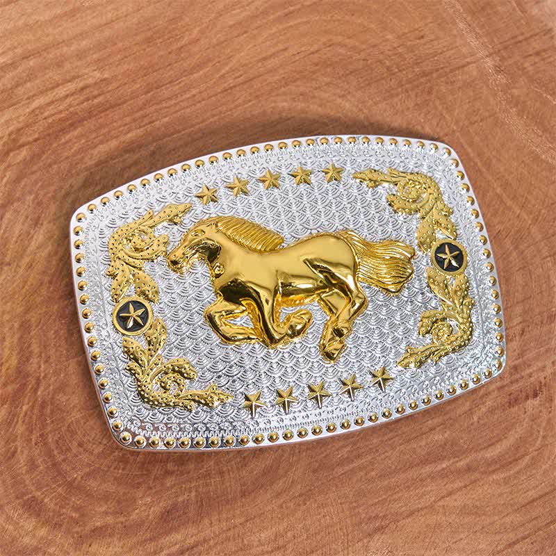 Rectangular DIY Two Tone Running Horse Large Buckle Leather Belt - Image 2