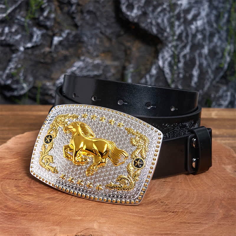 Rectangular DIY Two Tone Running Horse Large Buckle Leather Belt - Image 4