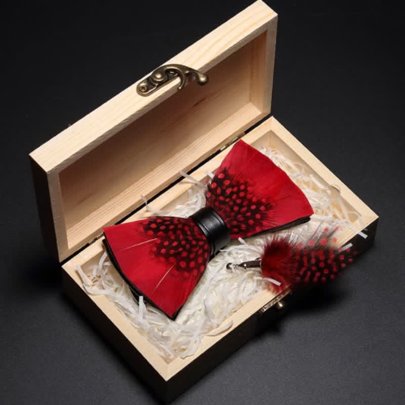 Red & Black Finch Feather Bow Tie with Lapel Pin - Image 2