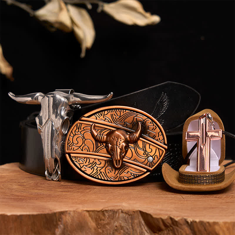 Red Bronze Bull DIY Hidden Knife Belt Buckle Cross Necklace Bundle Set - Image 4