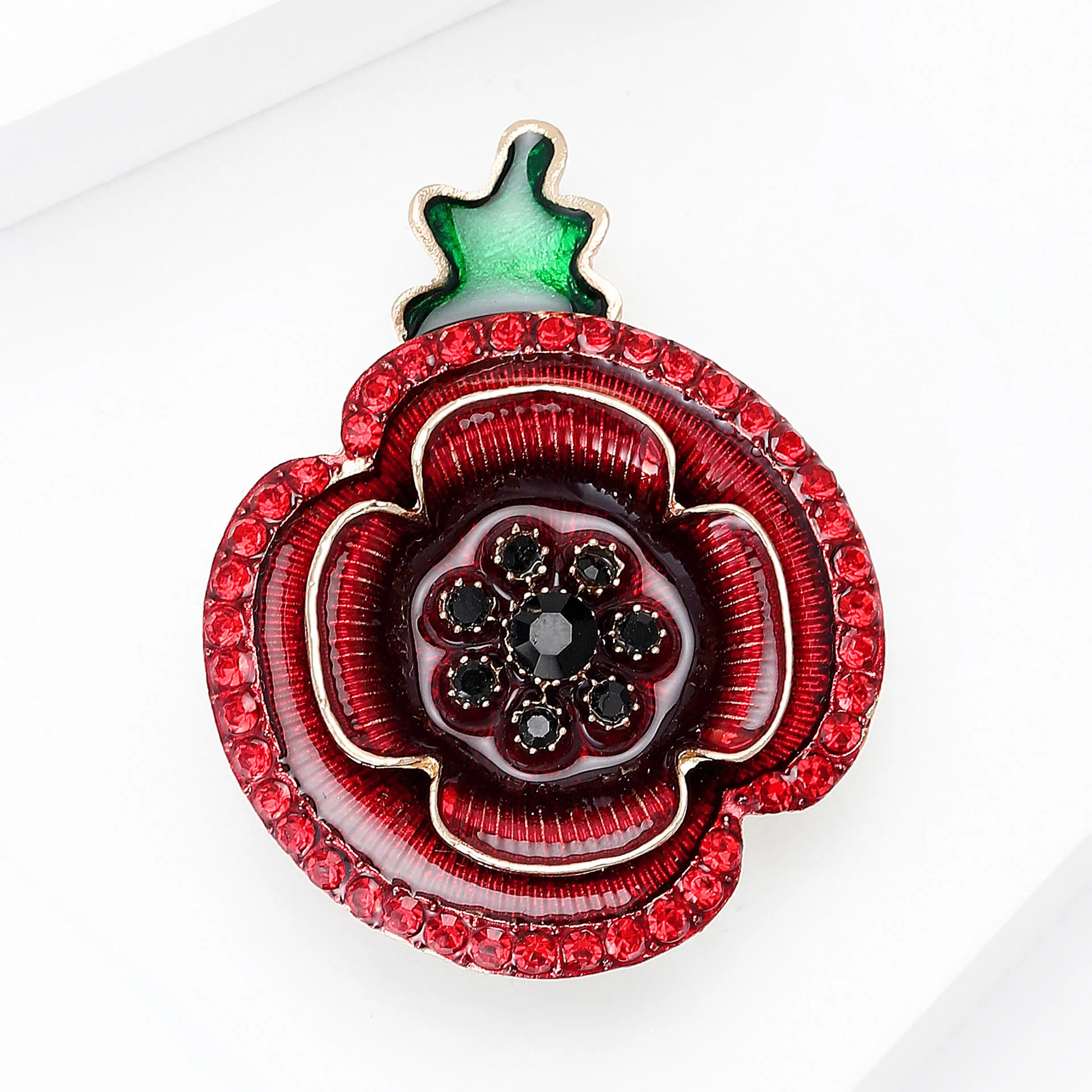 Red Crystal Poppy Shape Green Stem Gold Accent Brooch - Image 2