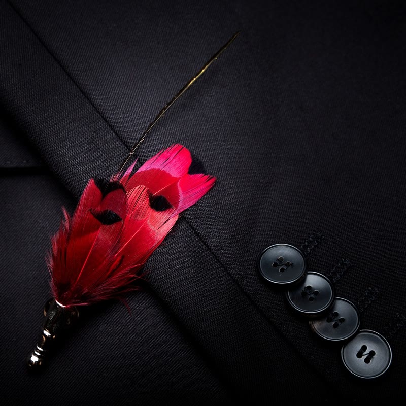 Red Finch Tail Feather Bow Tie with Lapel Pin - Image 3