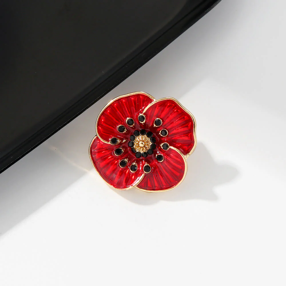 Red Poppy Gem Embellished Silver Trim Brooch - Image 7