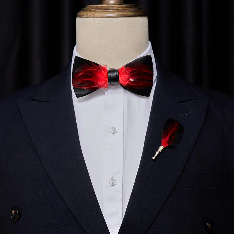 Red White Burgundy Pre-tied Feather Bow Tie - Image 2