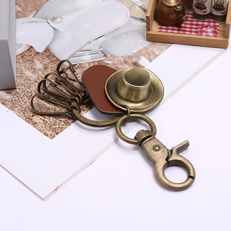 Retro Ancient Bronze Cowboy Hat Leather Keychain - Image 5