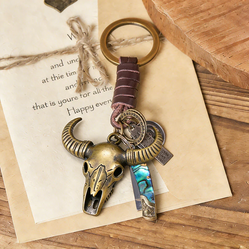 Retro Bull Head Pendant Shell Texture Folding Knife Keychain - Image 2
