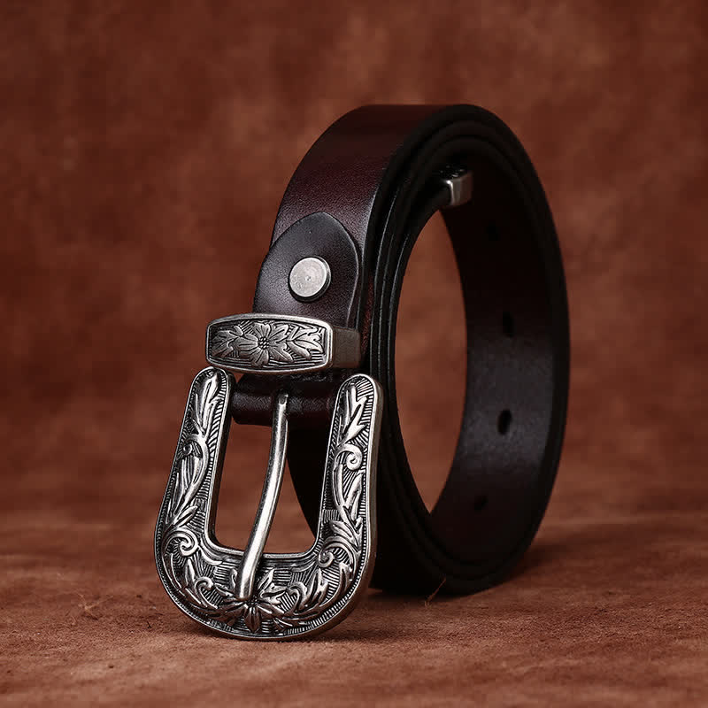 Retro Carved Buckle Western Style Narrow Leather Belt - Image 4