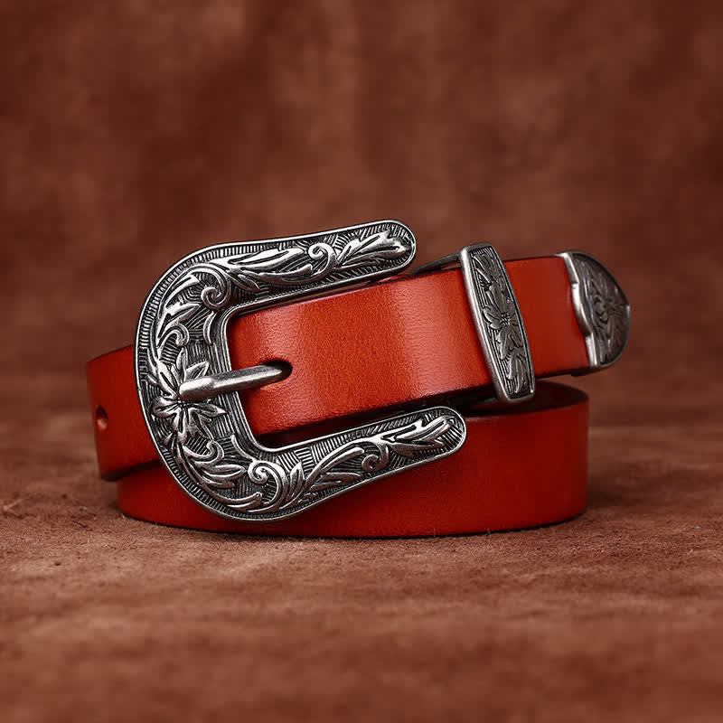 Retro Carved Buckle Western Style Narrow Leather Belt - Image 9