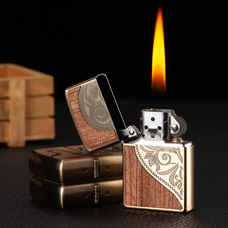 Retro Carved Pattern Wooden Shell Refillable Kerosene Lighter - Image 2