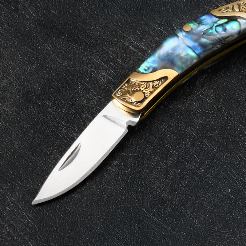 Retro Eagle Head Round Pendant Shell Texture Folding Knife Keychain - Image 5