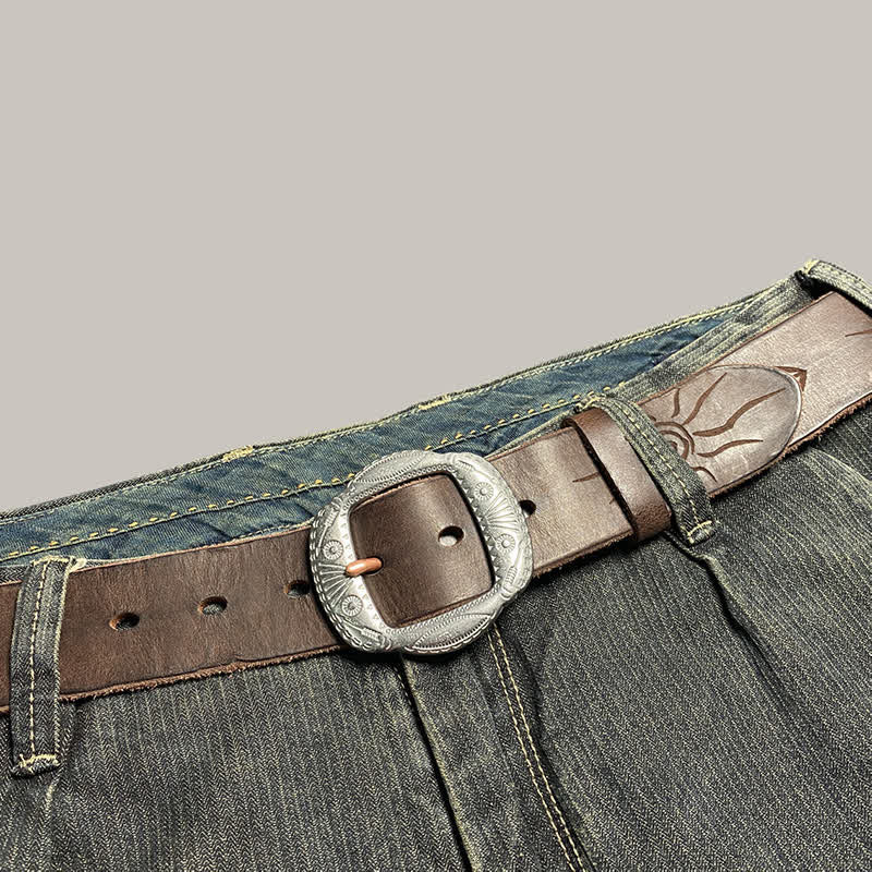 Retro Embossed Sun Pattern Silver Buckle Leather Belt - Image 10