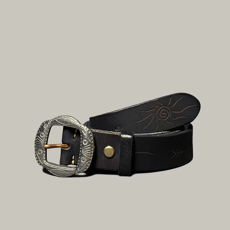Retro Embossed Sun Pattern Silver Buckle Leather Belt - Image 19