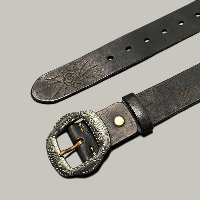 Retro Embossed Sun Pattern Silver Buckle Leather Belt - Image 23