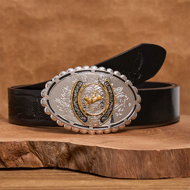 Retro Golden Cowboy Bull Silver Oval Buckle Leather Belt - Image 3