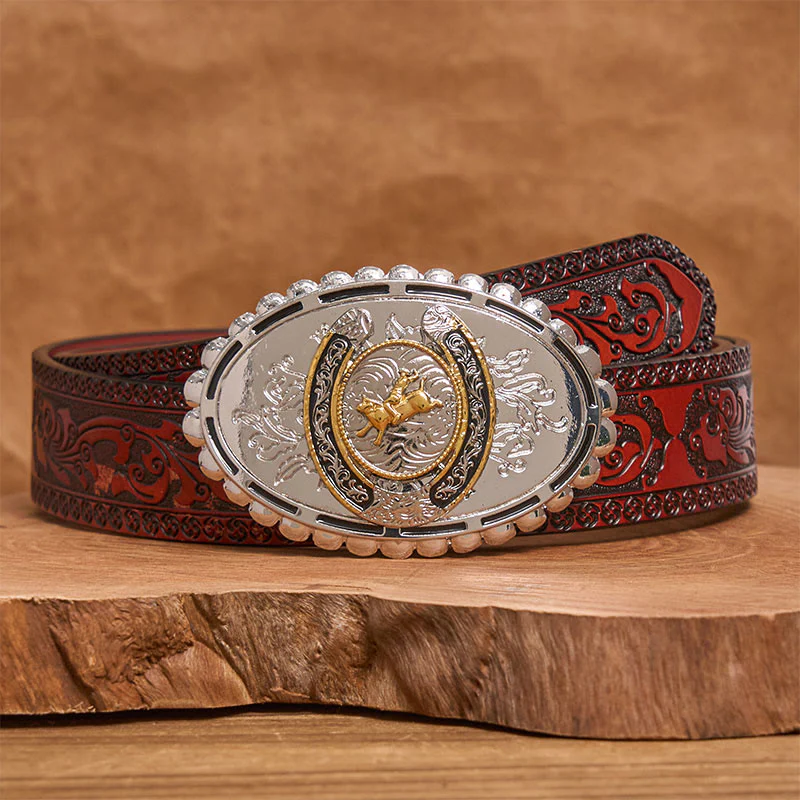 Retro Golden Cowboy Bull Silver Oval Buckle Leather Belt - Image 7