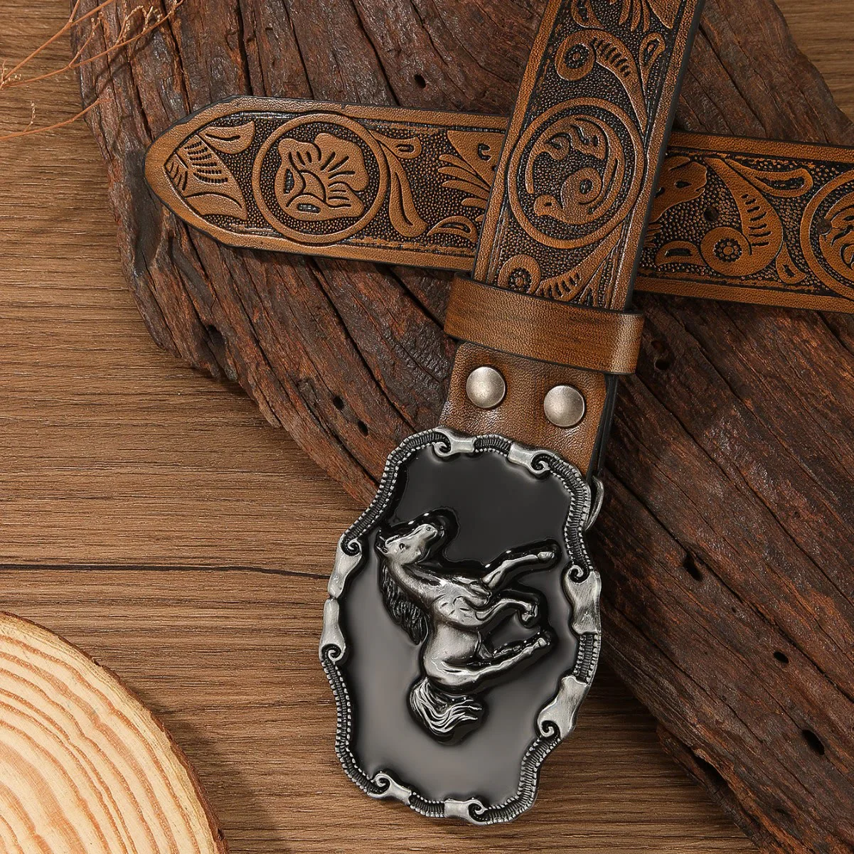 Retro Horse Embellished Buckle Patterned Multi Color Holeless Leather Belt - Image 4