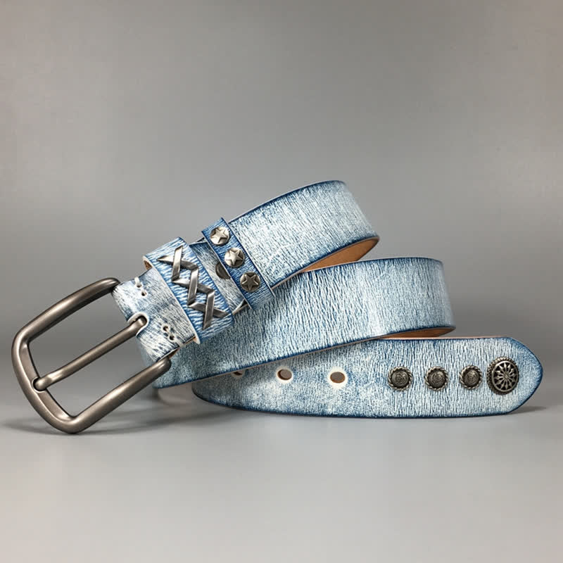 Retro Old White Rubbed Blue Silver Rivets Leather Belt - Image 5