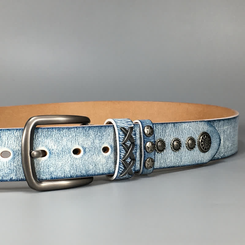 Retro Old White Rubbed Blue Silver Rivets Leather Belt - Image 8