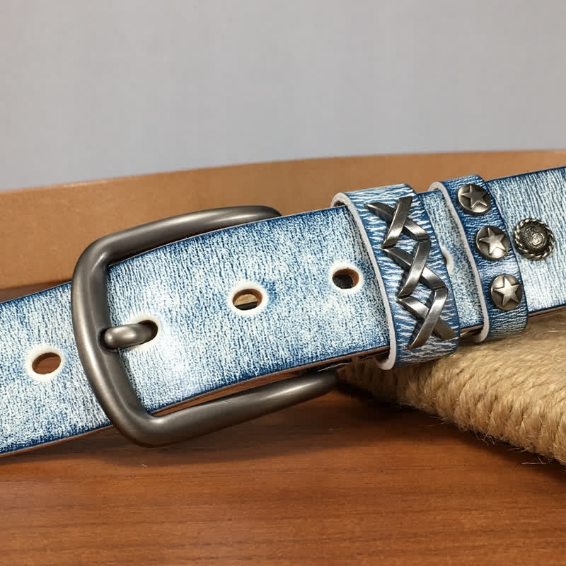 Retro Old White Rubbed Blue Silver Rivets Leather Belt - Image 9