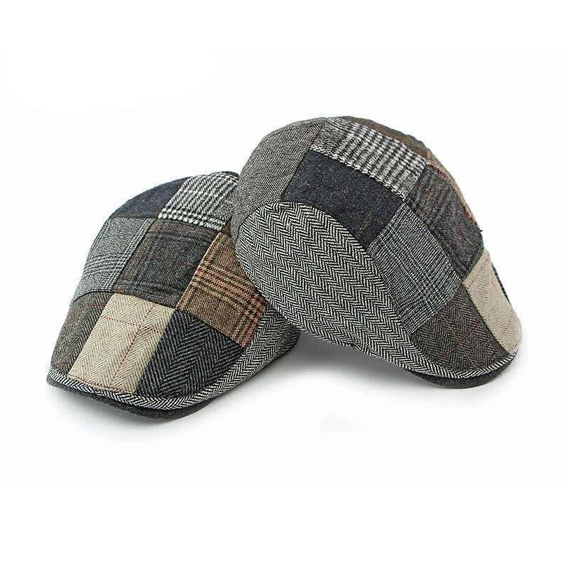 Retro Patchwork Plaid Herringbone Beret Hat - Image 2