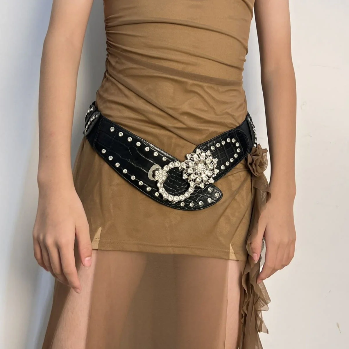Rhinestone Splicing Wide Waist Belt Balck Corset Belt - Image 4