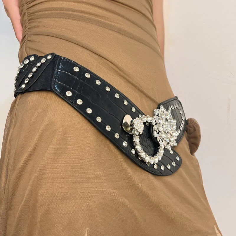 Rhinestone Splicing Wide Waist Belt Balck Corset Belt - Image 5