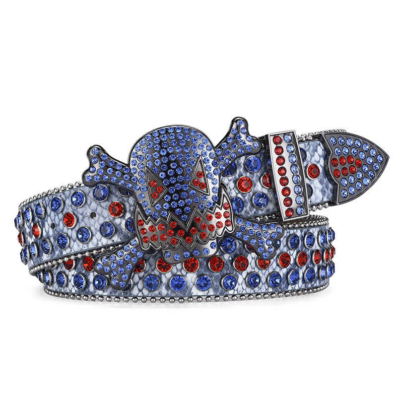 Rock Skull Rhinestone Beaded Decor Leather Belt - Image 5