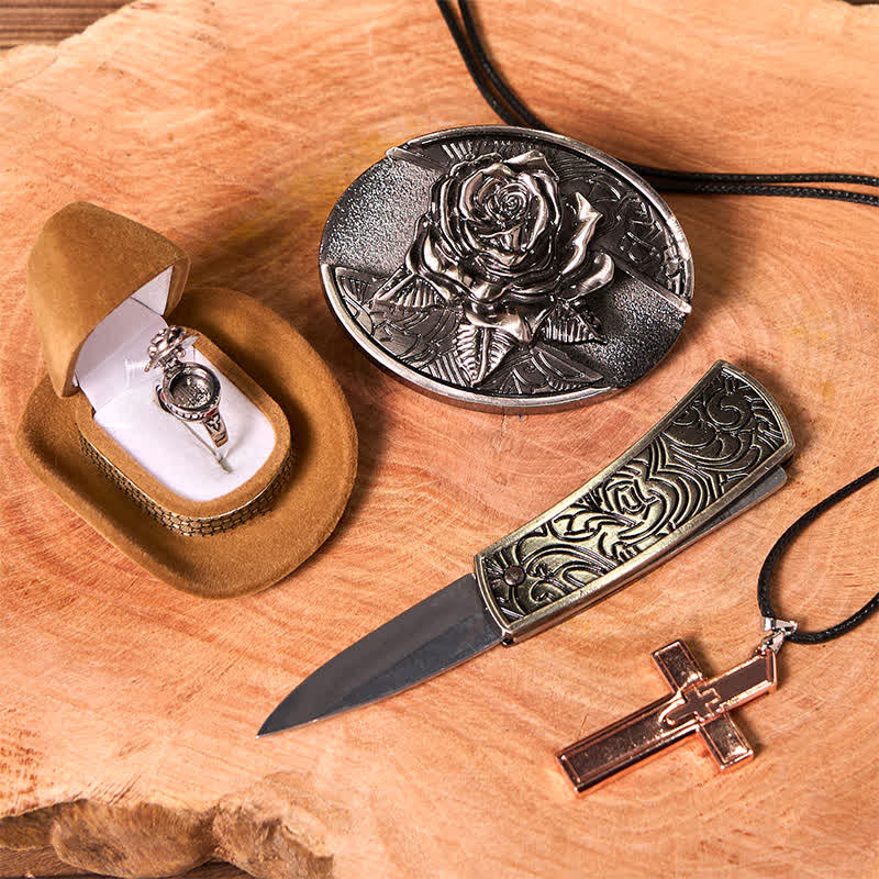 Rose Theme DIY Hidden Knife Belt Buckle Cross Pendant Rose Ring Bundle Set - Image 3