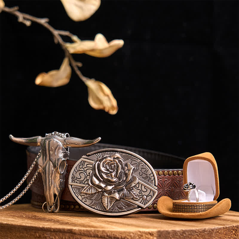 Rose Theme DIY Hidden Knife Belt Buckle Longhorn Bull Pendant Bundle Set - Image 7