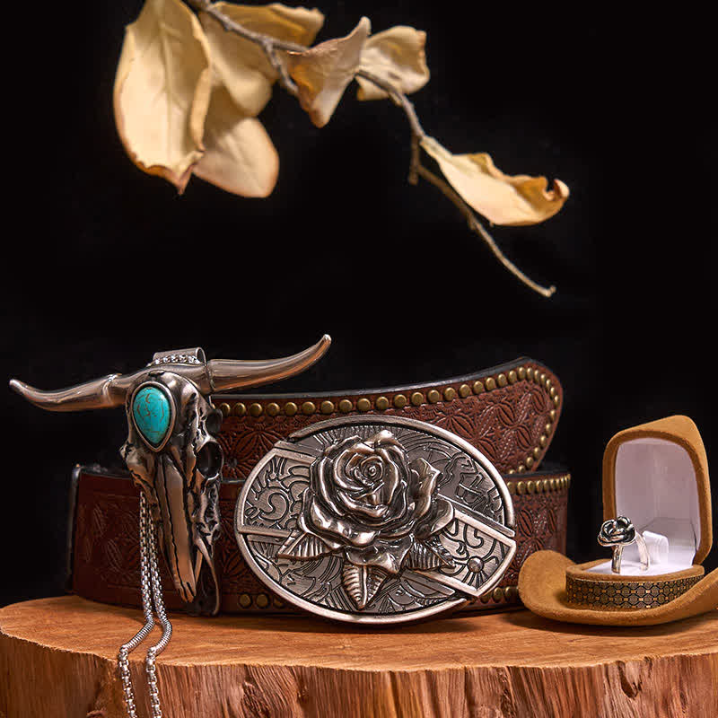 Rose Theme DIY Hidden Knife Belt Buckle Turquoise Bull Pendant Bundle Set - Image 8