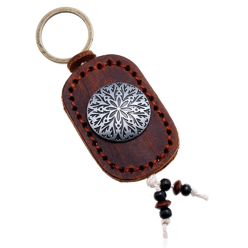Round Flower Pendant Double Layer Leather Keychain - Image 3