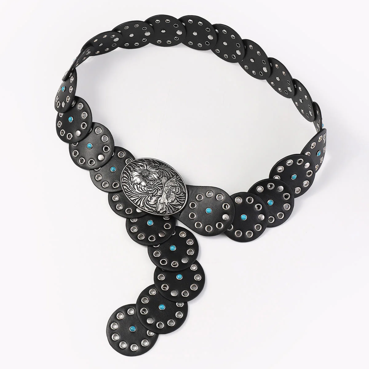 Round Hollowed Out Blue Diamond Inlaid Women's Leather Belt - Image 4